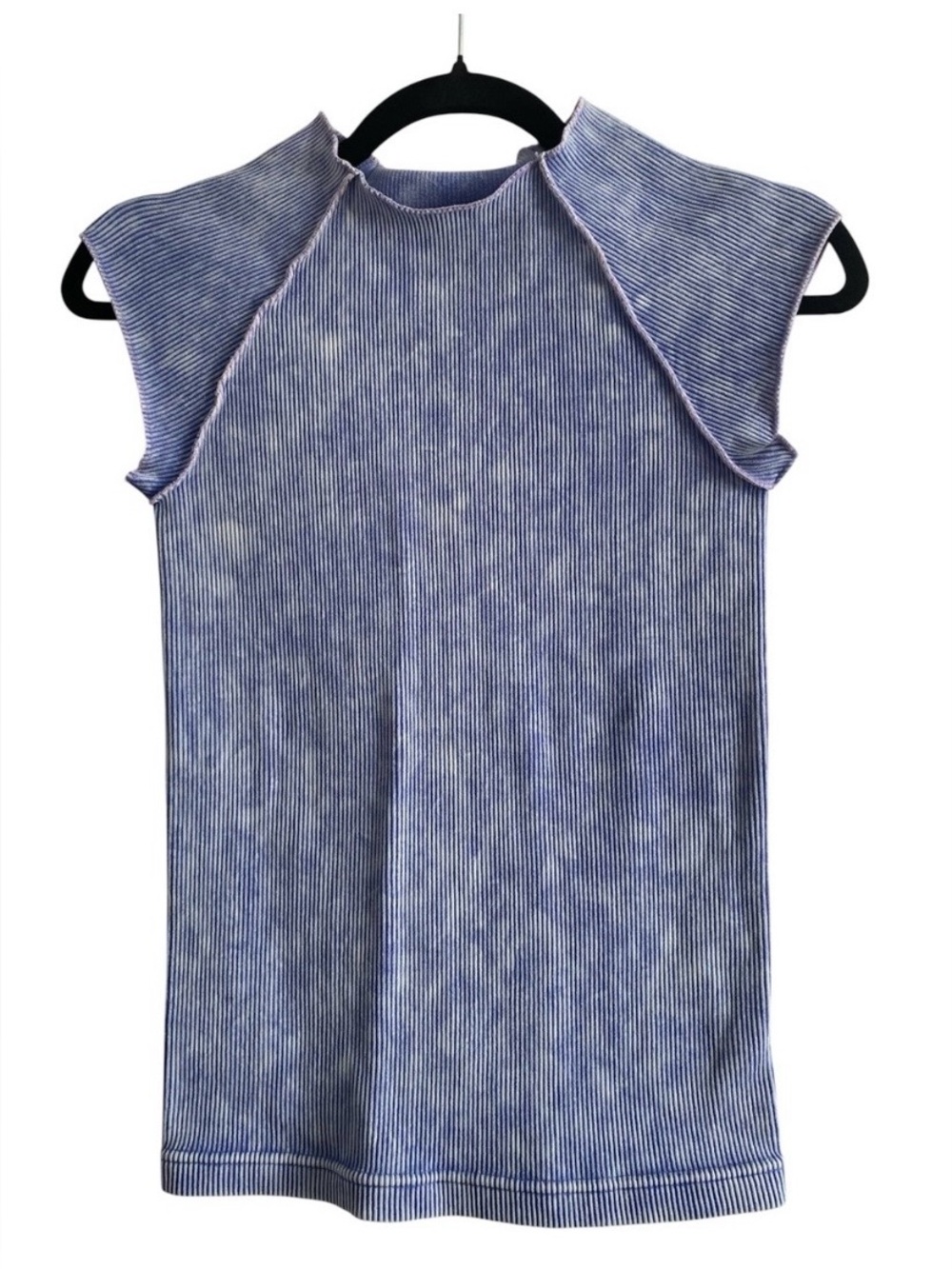 Zenana Blue Ribbed Cap Sleeve Top S/M stretch Fitted Tee